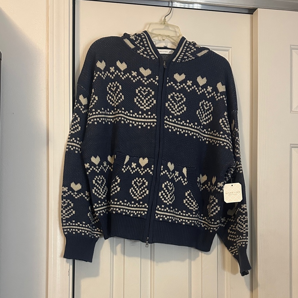 Altar'd State Navy and Cream Heart Pattern Zip Up Sweater